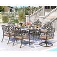 thumbnail image 6 of Magic Union 7 Pieces Outdoor Dining Set, Cast Aluminum Retro Patio Dining Set Includes 59" Rectangular Dining Table with Umbrella Hole,4 Stackable Dining Chairs and 2 Swivel Chairs with Khaki Cushions, 6 of 10