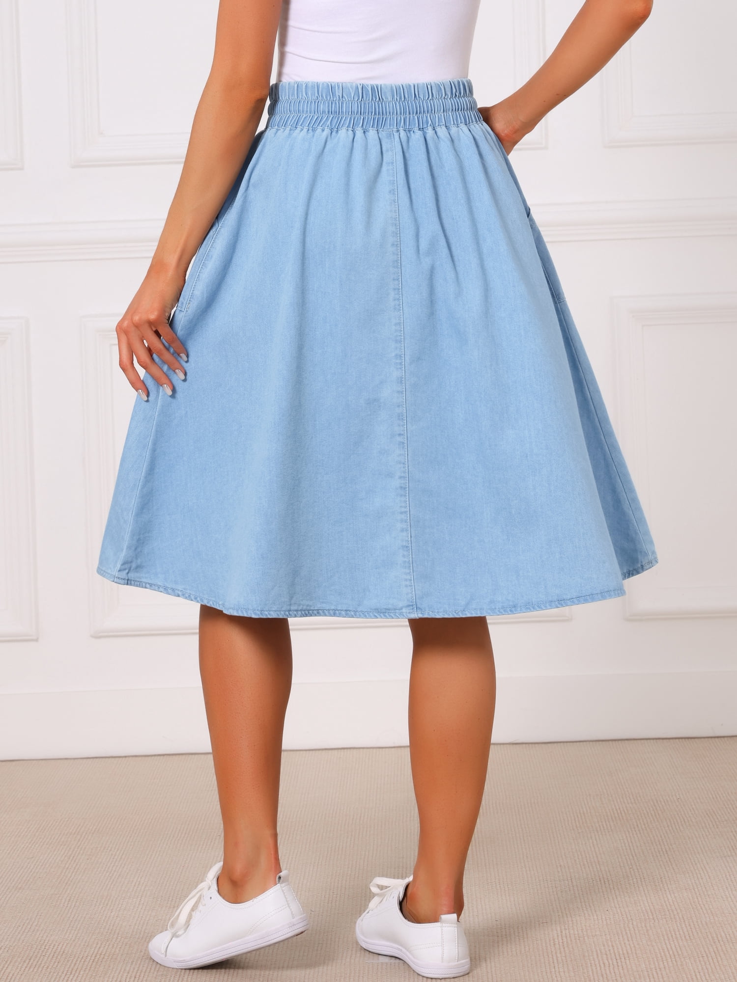 DARING DIVA Women's Denim A-Line Flare Midi Jean Skirt with Pockets XL Light Blue