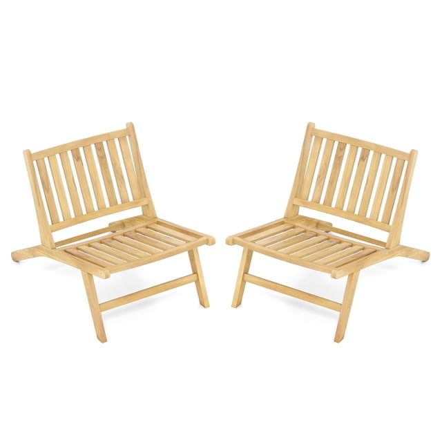 Gymax 2PCS Teak Wood Outdoor Reclining Chair Natural Mid Century Accent Chair w/ Backrest
