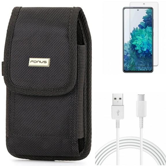 Screen Protector & 10ft USB-C Cable & Case Belt Clip for Samsung Galaxy S20 Fan Edition - Anti-Glare Tempered Glass   Type-C Charger Cord   Rugged Holster Combo