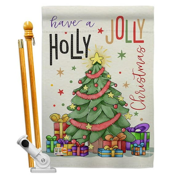 Breeze Decor BD-XM-HS-114150-IP-BO-D-US17-BD 28 x 40 in. A Holly Jolly Christmas Winter Impressions Decorative Vertical Double Sided House Flag Set & Pole Bracket Hardware