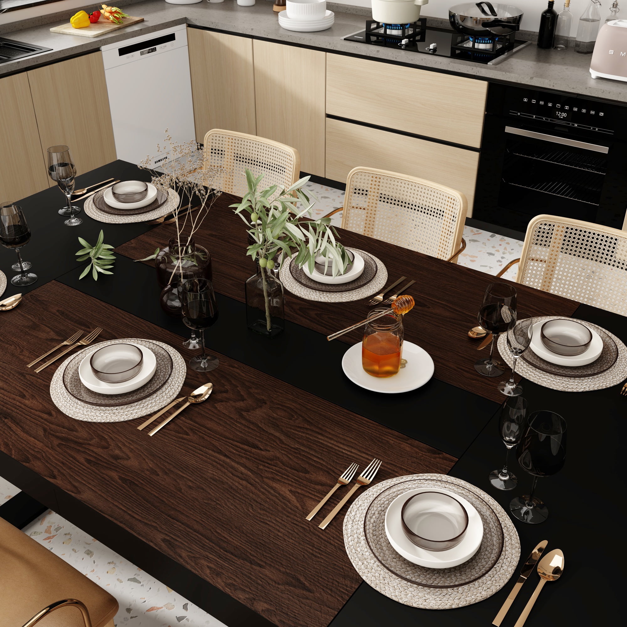 KULAGAGA Kitchen Dining Table for 6-8 People, Rectangular Meeting Table, 86.8"W x 47.2"D, Black & Walnut