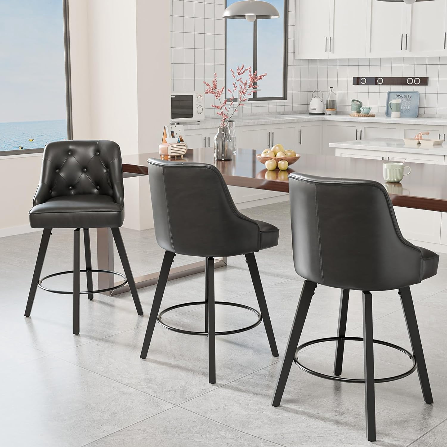 VINGLI 26" H Swivel Barstools Set of 2, Linen Fabric Upholstered Counter Stool with Back, Kitchen High Chairs Counter Height Bar Stools with Cushion, Solid Wood Legs, Beige