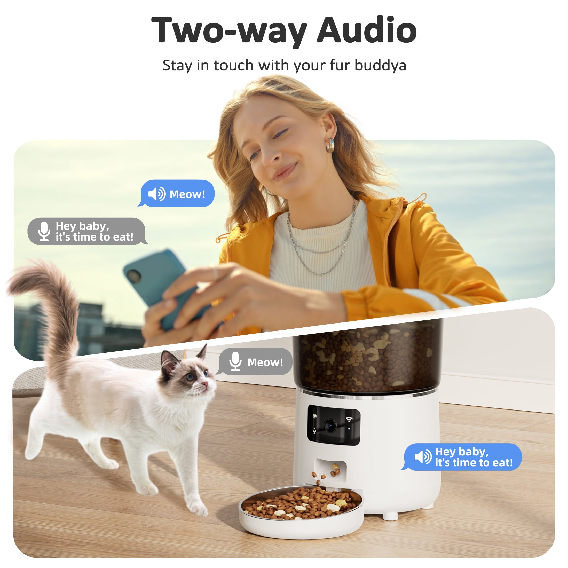 Automatic Cat Feeders with 304 Stainless Steel Bowl,4L Automatic Cat Food Dispenser with 1080P Camera,Tuya 2.4G&5G WIFI APP Remote Timed Feeding with Voice Call,Dual Power Supply