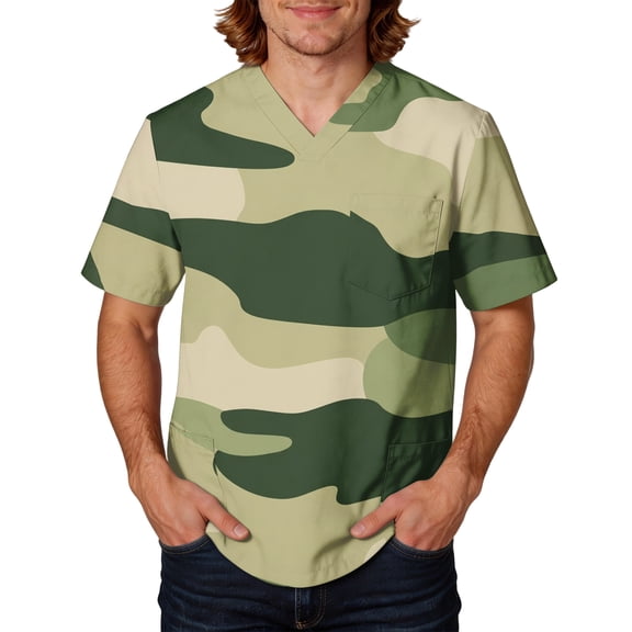Sewkxo Mens Scrub Tops Camouflage Printed Nuring Scrubs Plus Size V Neck Short Sleeve Nurse Working Uniform,Dark Green 3XL