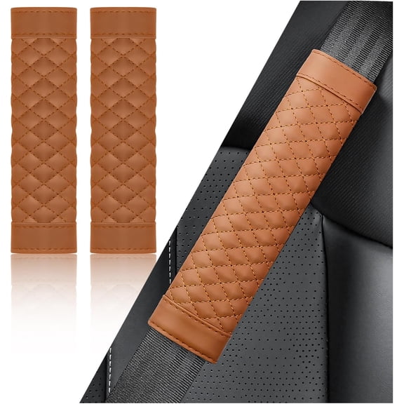 2 PCS Car Seat Belt Cover Pad, Soft Leather Seatbelt Covers Breathable Seatbelt Cushion with Plaid Design, All Seasons Universal Car Interior Accessories Seat Belt Cover, Brown