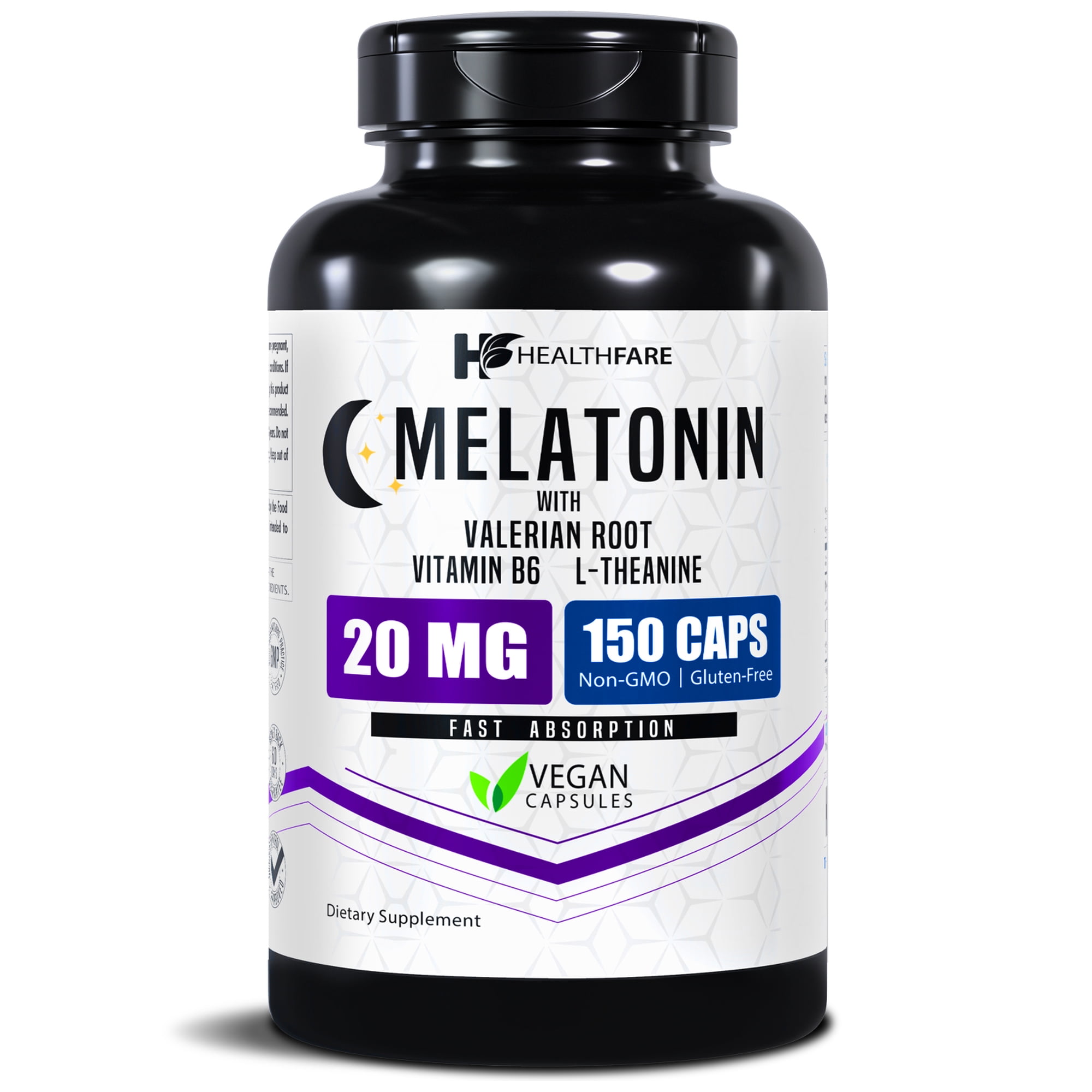 HealthFare Melatonin 20mg Complex | 150 Vegan Capsules | With L-Theanine, Valerian Root & Vitamin B6 | Non-GMO, Gluten-Free | Made in the USA