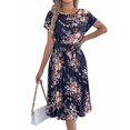 thumbnail image 3 of Women's Floral Elegant Pleated Midi Print Batwing Sleeve Tie Waist Dress for Daily Wear Navy Blue L, 3 of 10