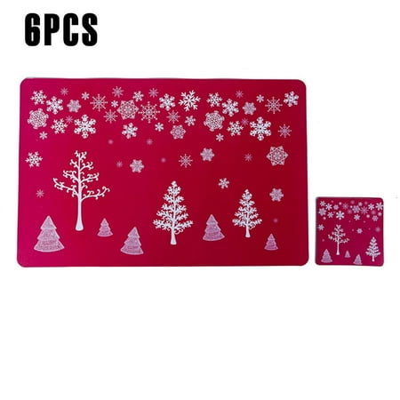 

Famure Coaster set Christmas Placemat Washable Table Place Mat Sets of 6 plus 6 Cup Mats for Christmas Arrangement Christmas Tree Snowflake Printed