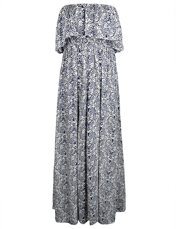 Women Summer Blue and White Porcelain Strapless Boho Maxi Long Dress -  Walmart.com