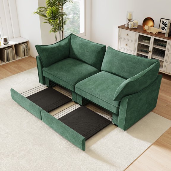 2 Seater Sofa With Pull Out Storage Drawers Under Each Seat Crescent Shaped Armrests And Wraparound Design For Small Living Rooms Chenille Green