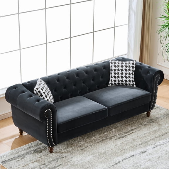 87" Chesterfield Velvet Sofa with Rolled Arms and Nailhead Trim, Upholstered Mid-Century Modern Couch, Elegant 3-Seater Sofa for Living Room, Office or Apartment (Black)