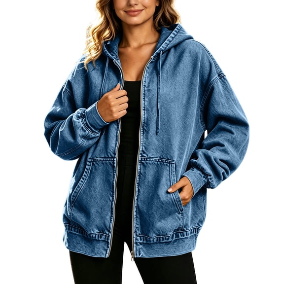 Women's Oversized Denim Jacket Zip Up Long Sleeve Jean Coat with Hood Casual Fall Baggy Outerwear Lightweight Windbreaker with Pockets Fashion Layering