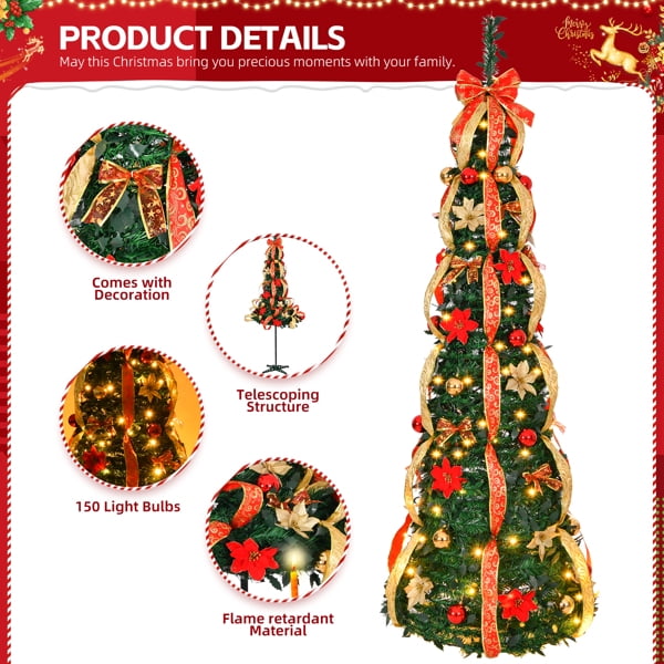 6FT Pre-Lit Pop-Up Christmas Tree - Fully Decorated, 150 Warm White LEDs, PVC Material, Indoor Decor for Home/Office/Entryway