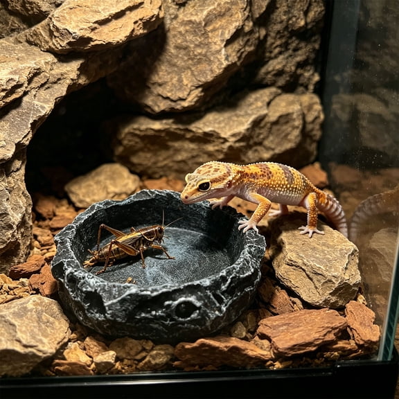 FEOLGEHLY Slow Feed Reptile Feeding Bowl Resin Feeding Bowl, Non Skid Simulated Rock Food Water Dish for Dog Cat, Practical Pet Feeding Accessories
