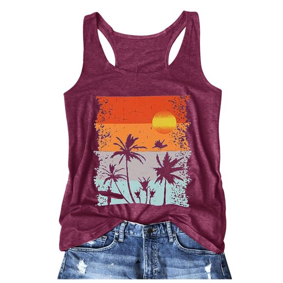 haizhen Racerback Tank Tops for Women Loose Fit Evening Sun Palm Tree Printed Sleeveless Athletic Running Vest Casual Summer Workout Clothes Purple, S