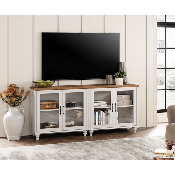 Mid Century Modern TV Stand for 75 Inch TV, TV Console with 4 Glass Doors, Wooden Entertainment Center Storage Cabinet for Living Room, Dining Room & Bedroom, Off White