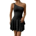 thumbnail image 2 of Women'S One Shoulder Smocked Shirred Tiered Ruffle Sleeveless A-Line Mini Dress Black L, 2 of 7