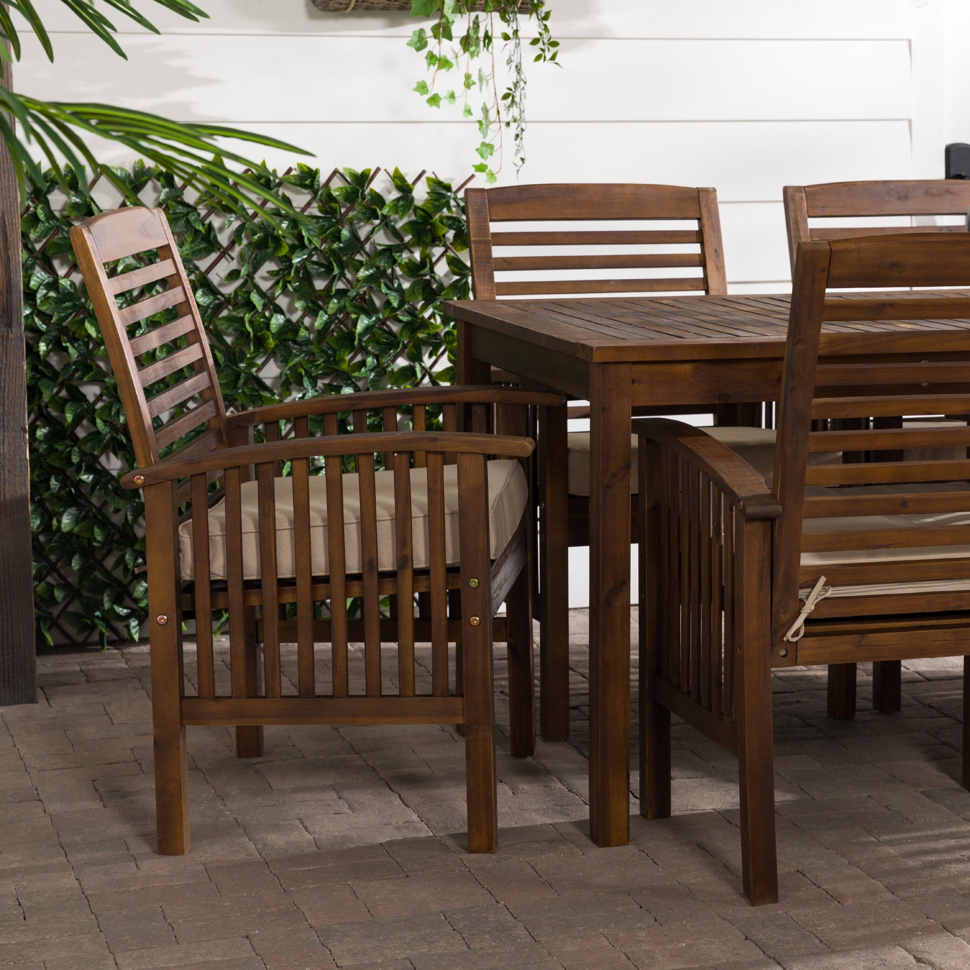 Modern 7-Piece Solid Acacia Wood Outdoor Dining Set with Cushions - Dark Brown