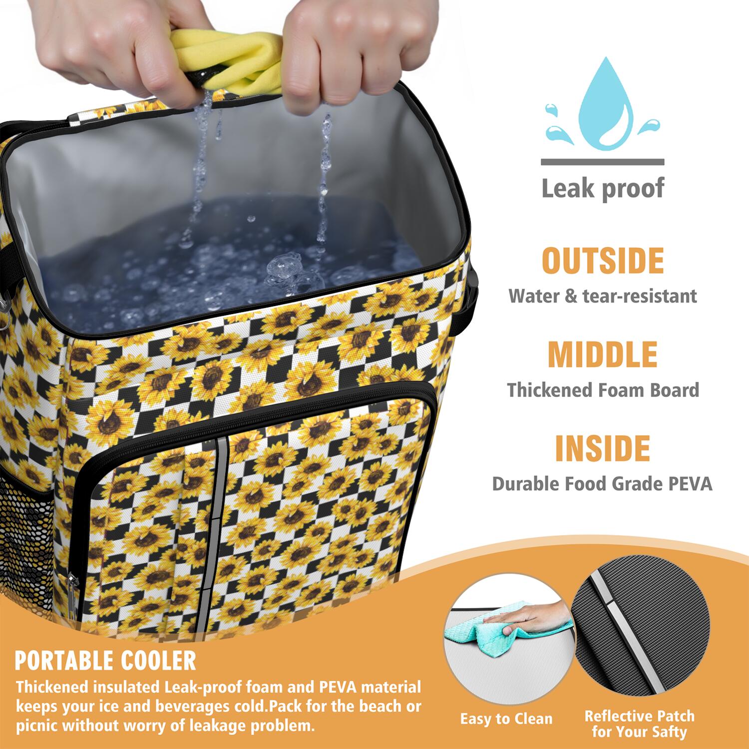 Travel Cooler Bag - Black and White CheckeSunflower Camping Beer Cooler Backpack with Bottle Opener- Waterproof Insulated Picnic Backpacks - Cooler Bag for Beach