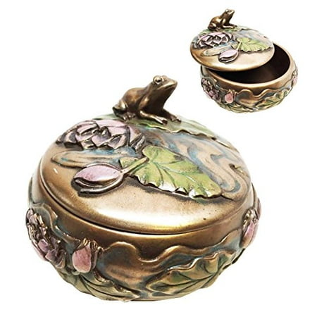Frog Jewelry - FROG ON LILY IN A POND SCULPTURE ROUND JEWELRY BOX TRINKET