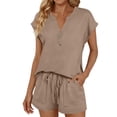 thumbnail image 3 of Women's V Neck Button Two Piece Suit Short Sleeve Loose Fit, 3 of 9
