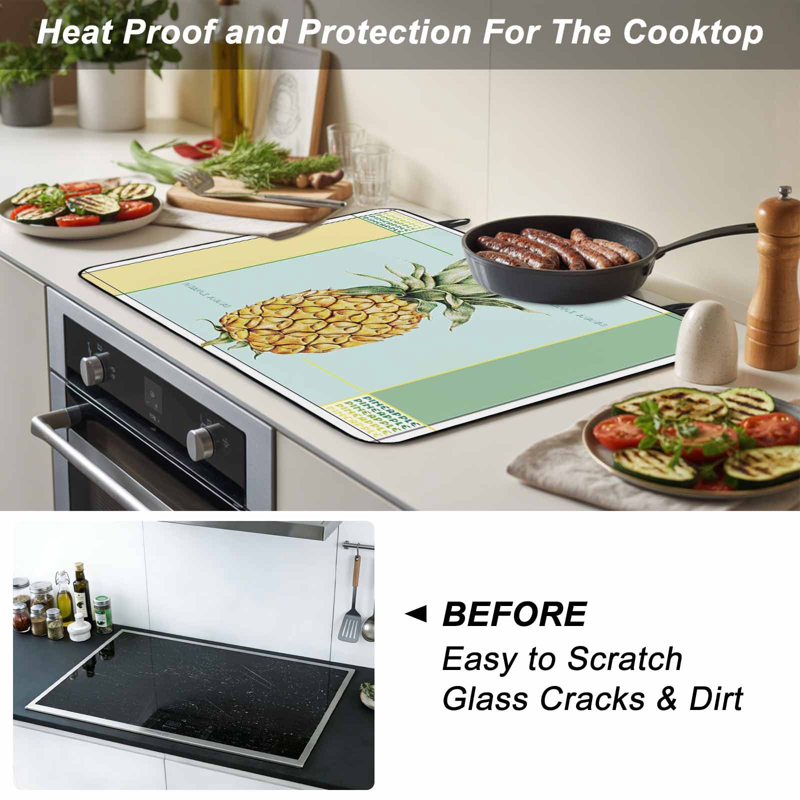 Summer Pineapple Stove Top Cover for Electric Stove, Heat-proof & Non Slip Glass Top Stove Cover Protector, Yellow Blue Green Striped Geometric Kitchen Flat Cooktop Rubber Mat 24x21 Inches
