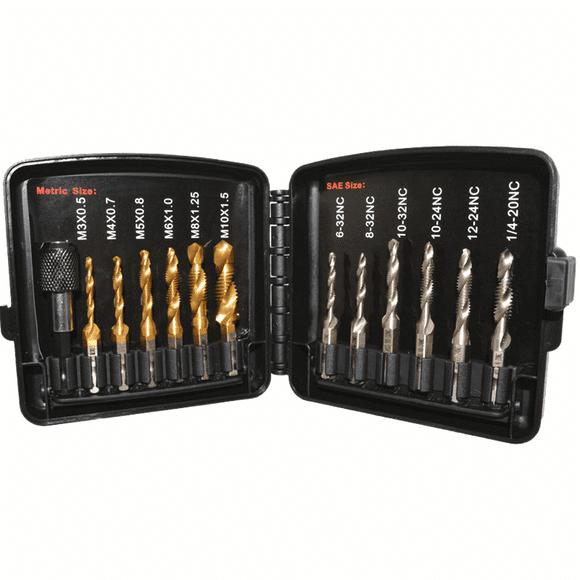 TFixol 13-Piece Multi-Functional Drill & Tap Bit Set with Titanium Coating - SAE & Metric Sizes for Metal, Plastic, and More - Includes Quick-Change Adapter & Storage Case