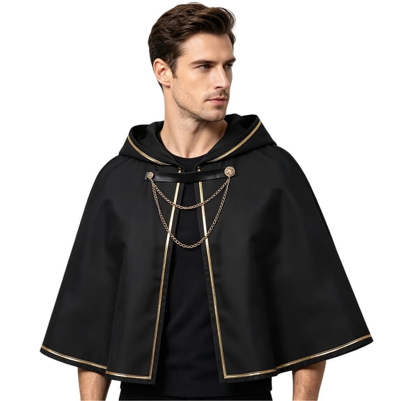 Huchen Renaissance Medieval Hooded Cape Adult Polyester Cloak Halloween Party Victorian Capelet for Adults (Black)