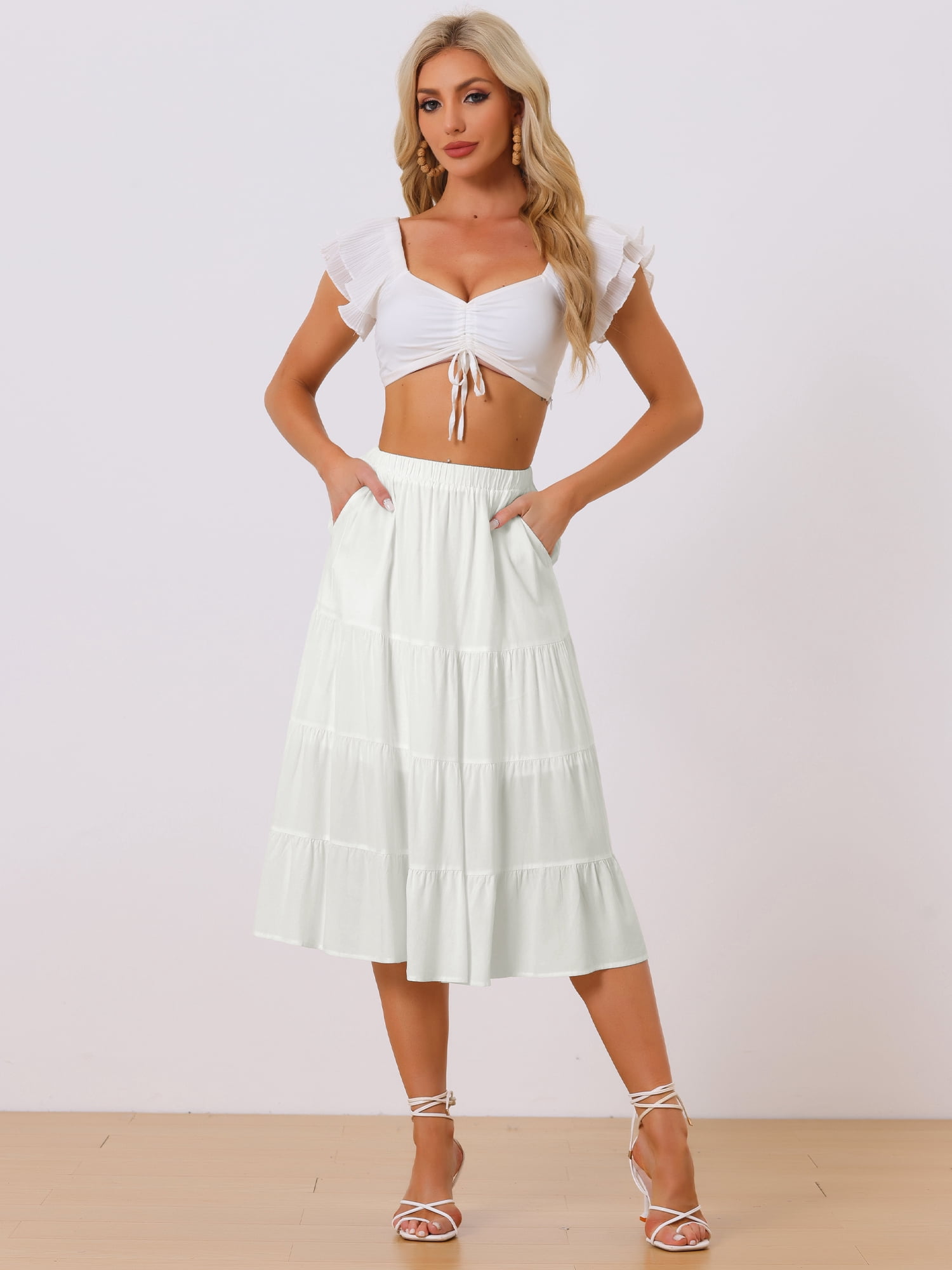 DARING DIVA Women's Flare Tiered Pleated Solid Elastic Waist A-Line Skirt L White