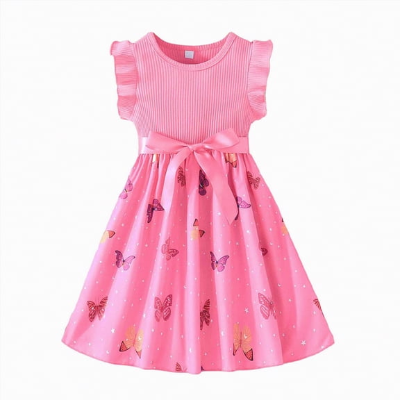Larisalt Kids Girls Elegant Dress for Summer Ribbed Ruffle Butterfly Print Dresses Toddler Baby Girl Party Dress