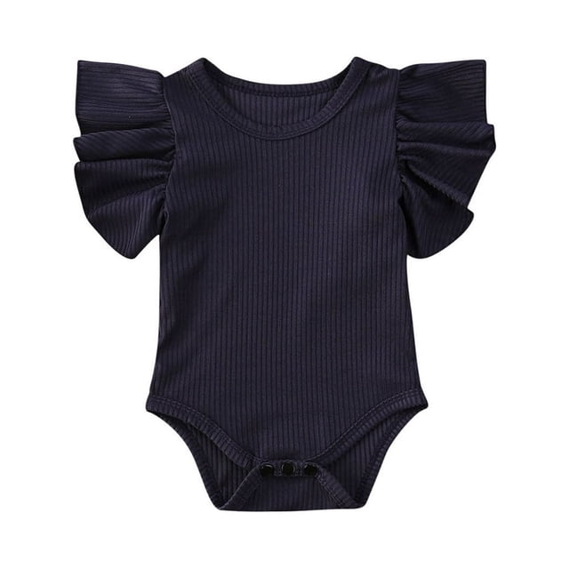 Newborn Baby Girl Ruffle Short Sleeve Romper Bodysuit Basic Solid Color T-Shirt Tops Summer Clothes Navy Blue 6-12 Months