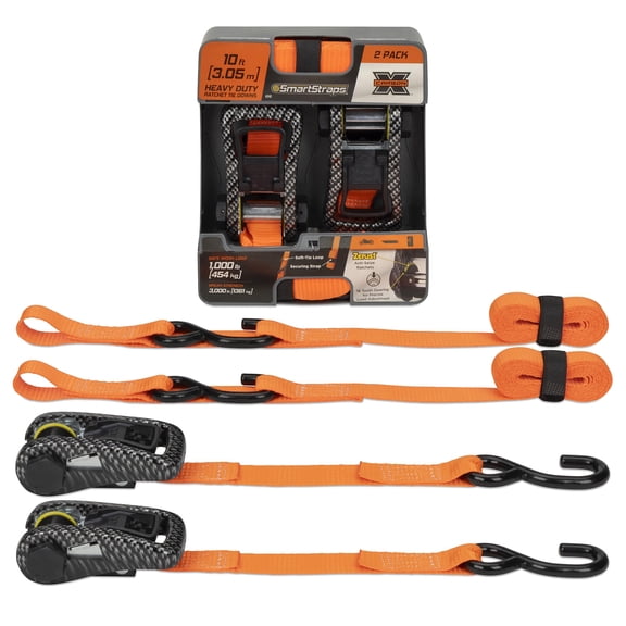 SMARTSTRAPS 240 Orange 10' Premium Ratchet Straps, 2 Pack (CarbonX, 3,000 lbs)