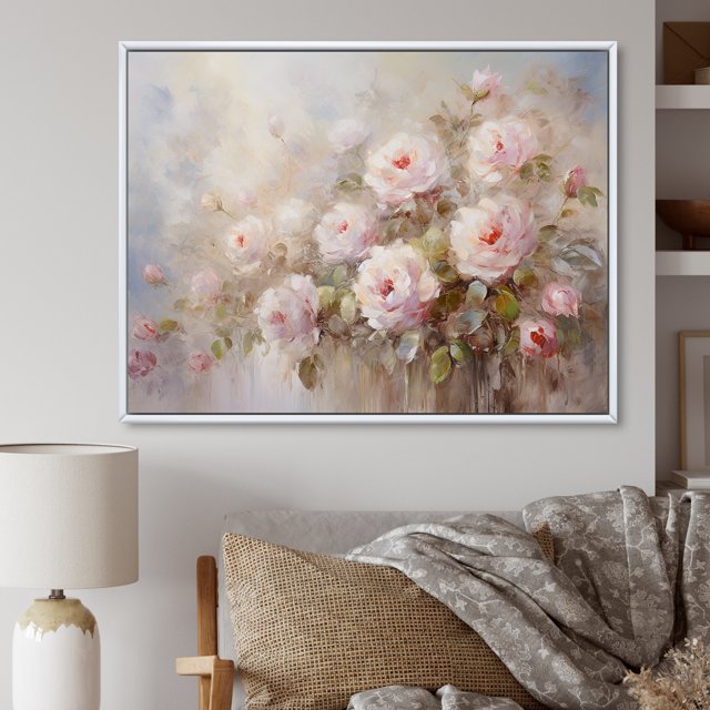 Designart Art Mural Encadré Roses, Charme de Ferme Orné de Roses Roses, Décoration Murale Encadrée Roses, Art Mural Encadré Rose Blanc, 32x16 Pouces Cadre Couleur Blanche
