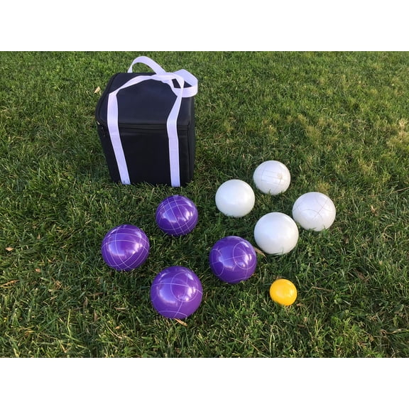 New Listing - Unique Bocce Sets - 107mm with Purple and White Balls, Black Bag