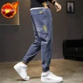 thumbnail image 3 of Pantalones vaqueros cargo para hombre, pantalones de invierno negros con bolsillos estampados, ajustados, de alta calidad, estilo coreano, de talla grande, 3 of 5