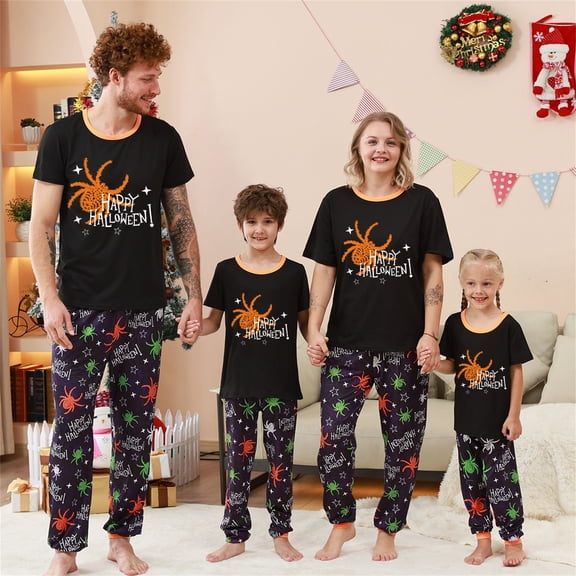 Onlypjs Matching Family Halloween Pajamas Short Sleeve Pajama Sets for Adults Women Men Couples Spider Trick or Treat Print Loungewear Sleepwear 2 Piece