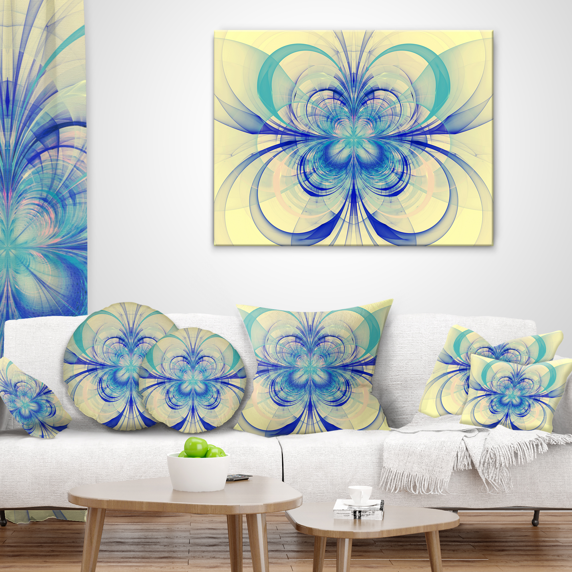 Designart Blue Fractal Flower Pattern - Floral Throw Pillow - 18x18