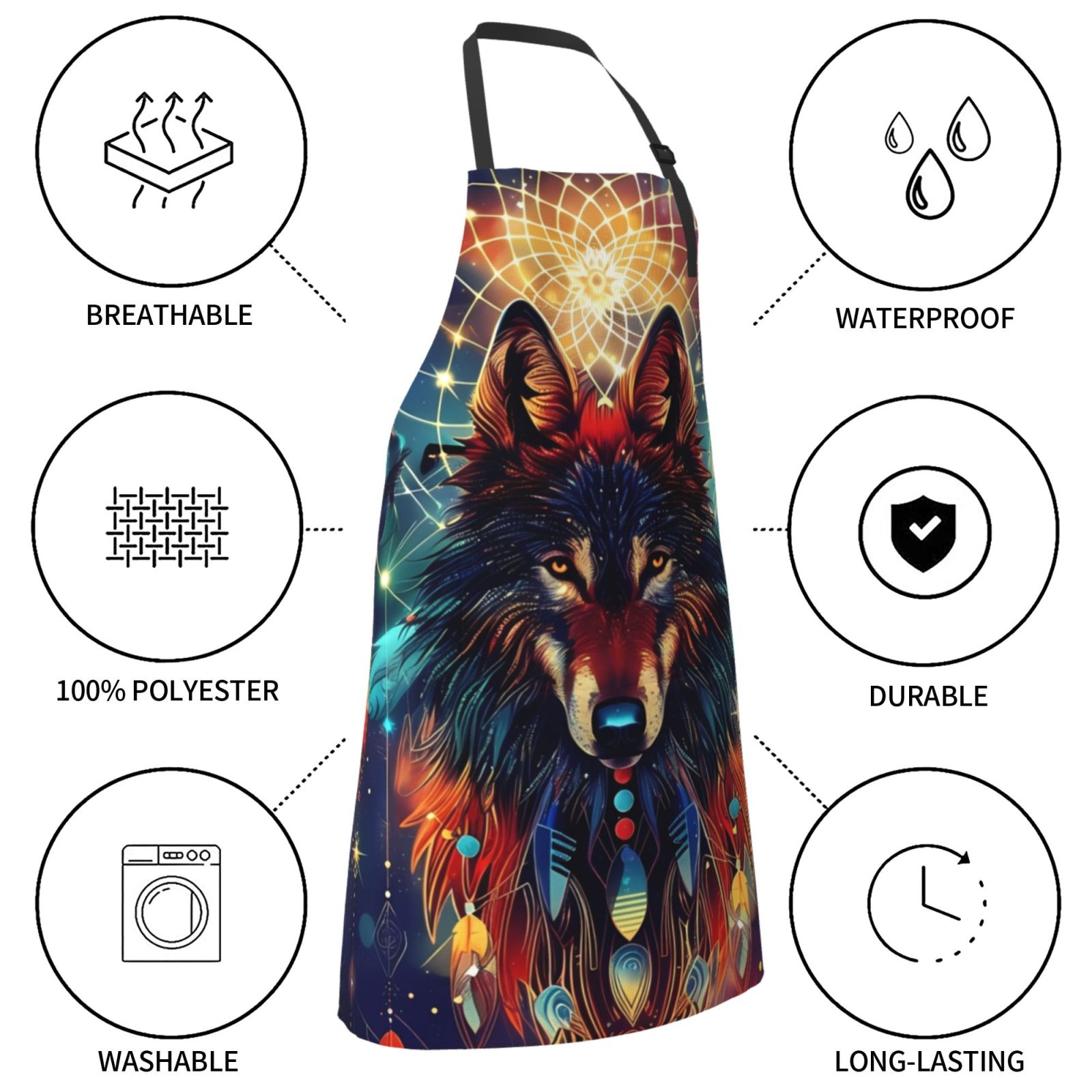 Xecao Mystic Wolf Dreamcatcher Print Kitchen Cooking Aprons, Waterproof Adjustable Bib Aprons with 2 Pockets for Women Men Chef