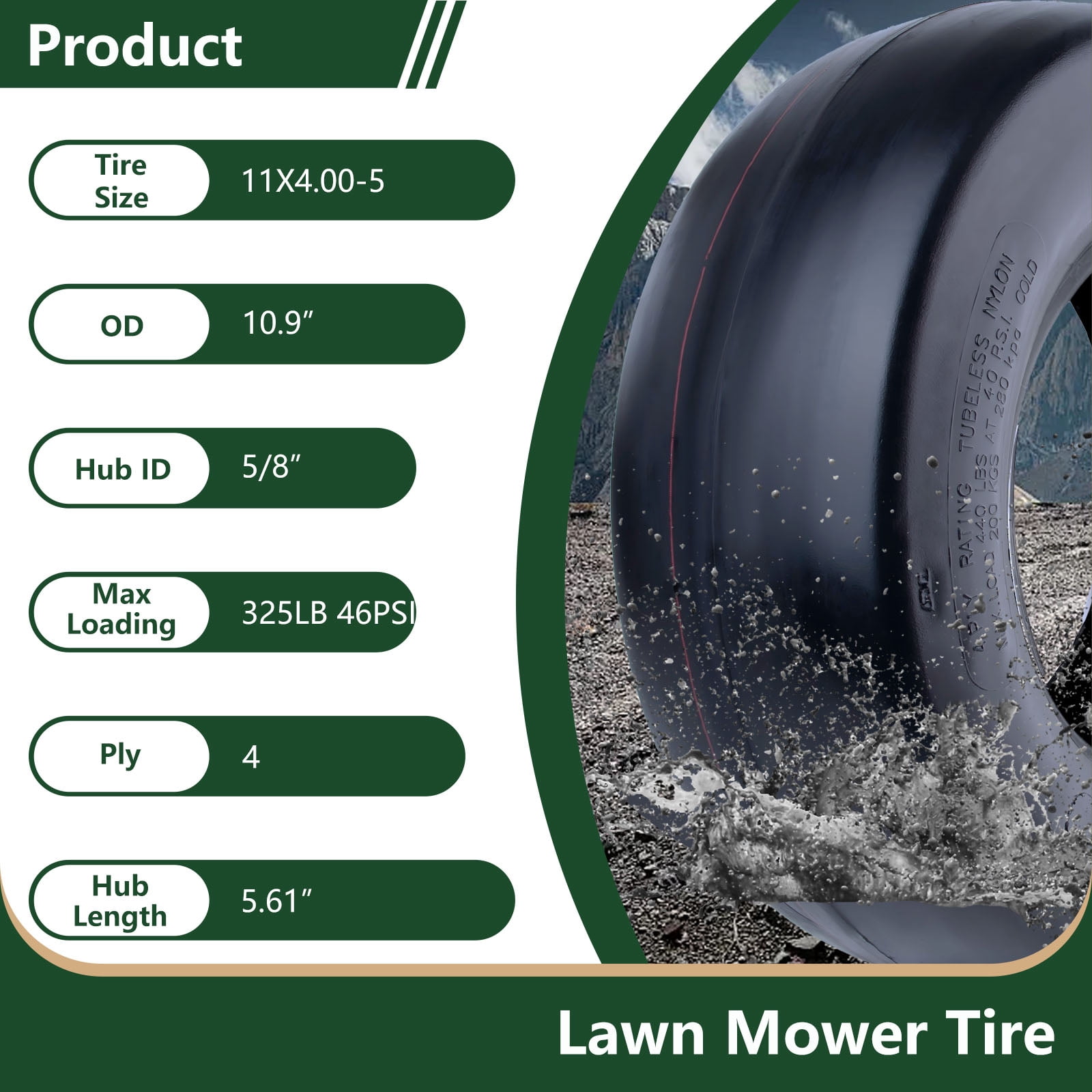 Hi-Run 2 Set SU19 11X4.00-5 4PR Front Lawn & Garden Tire on 5X3 White Rim Assembly with 5/8" Bushing