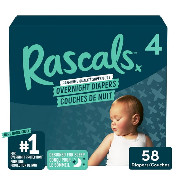 Rascals Overnight Absorbent Baby Diapers, Size 4, Carton, 58 Count