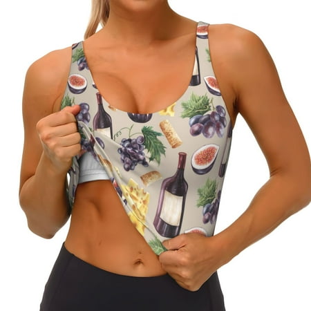 Qokaie Glasses Of Red Wine Pattern Womens Scoop Neck Sports Bra Breathable Workout Vest Padded U Back Medium Impact Fitness Gym Yoga Bra Workout Crop Top