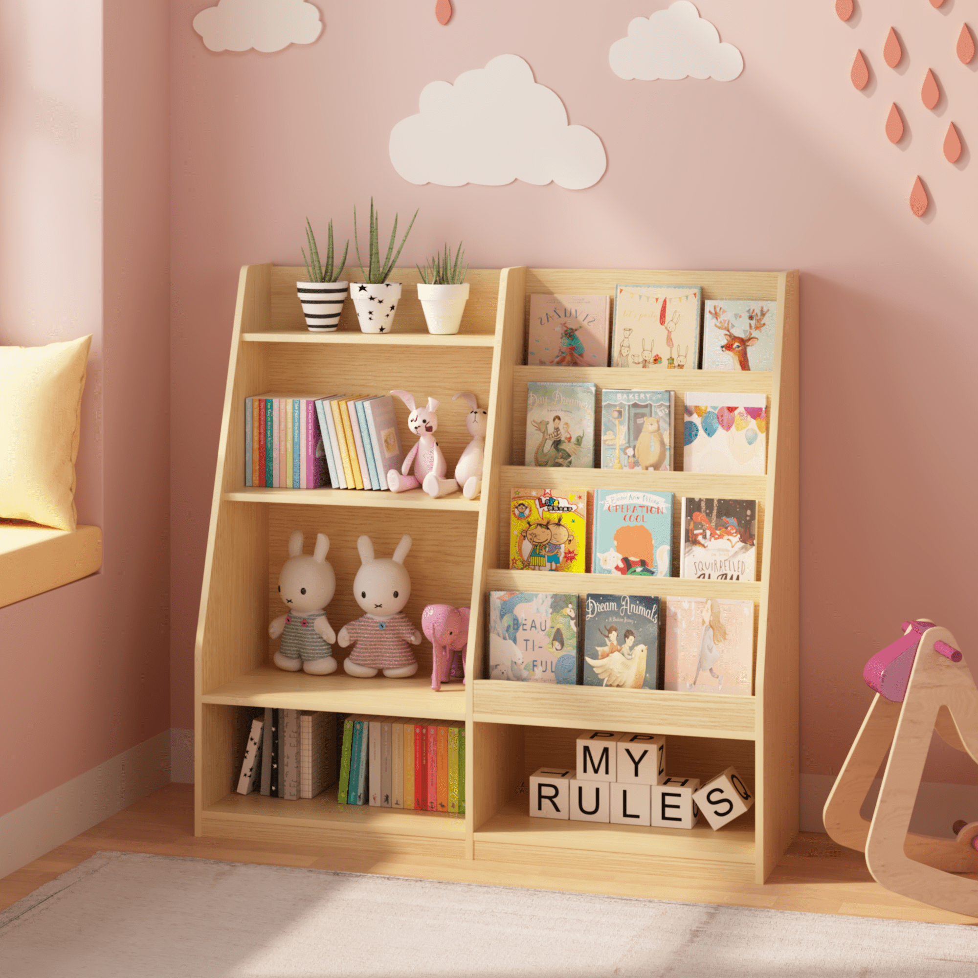 Kids Bookshelf and Toy Storage Organizer, Multifunctional 4 Tier Wooden Kids Book Shelf with Bookcase Display Stand in Kids Room Playroom Nursery for Kids, Children, Toddlers (Natural)