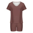 thumbnail image 4 of Linen Two Piece Set Women Short Sleeve V-Neck Blouses & Shirts Sets 2PC Women's V Neck Shorts Sleeve Two-piece Comfortable Home Pajamas Set Sports Set Women's Two Piece Outfits Brown m, 4 of 5