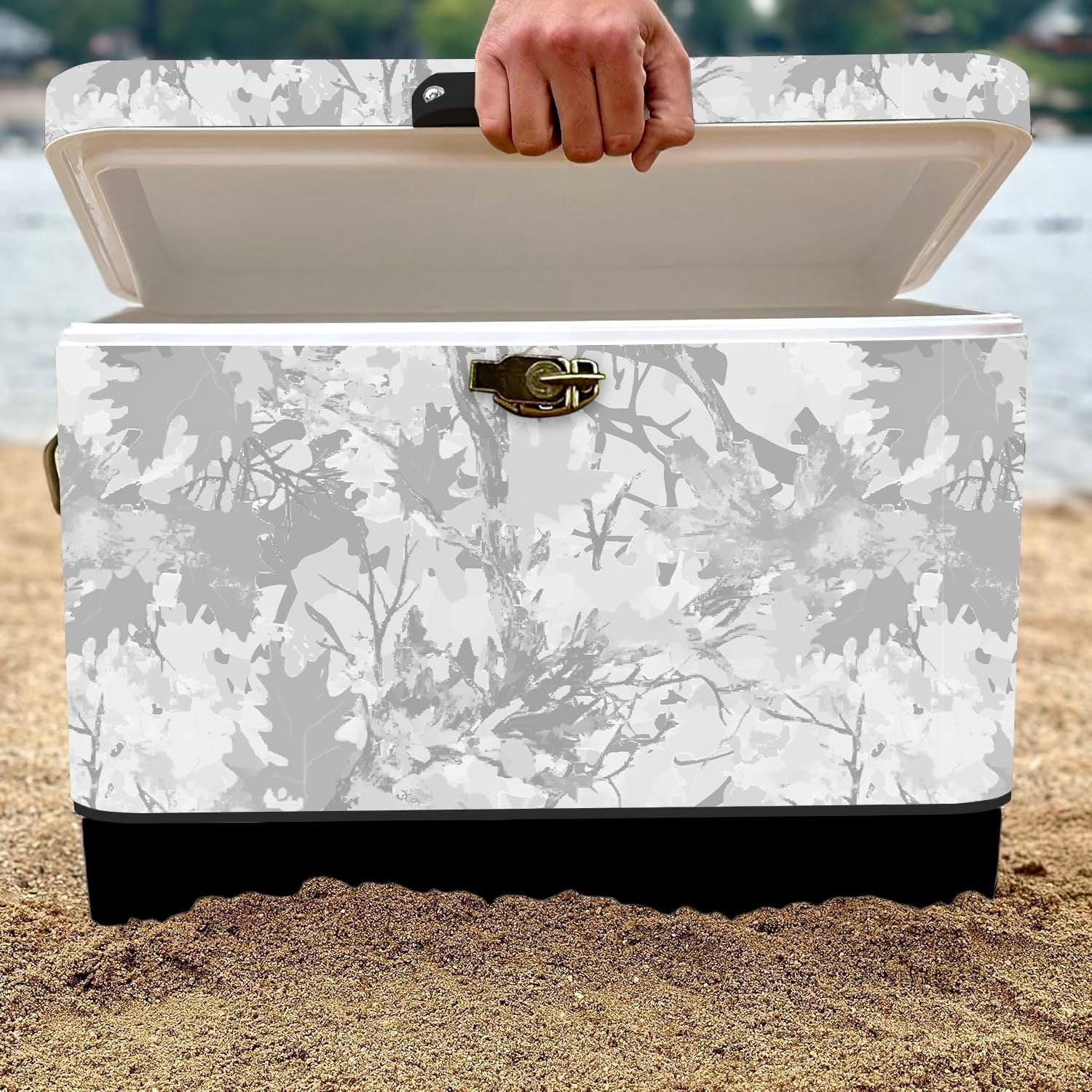FSE Hard-Sided 54 Qt. / 80 Can Metal Cooler, Two-Tone Gray Camo and Black, Durable Outdoor Beverage Cooler with Latch Closure, Plastic Lining, Side Handles, Portable Tailgating and Camping Ice Chest