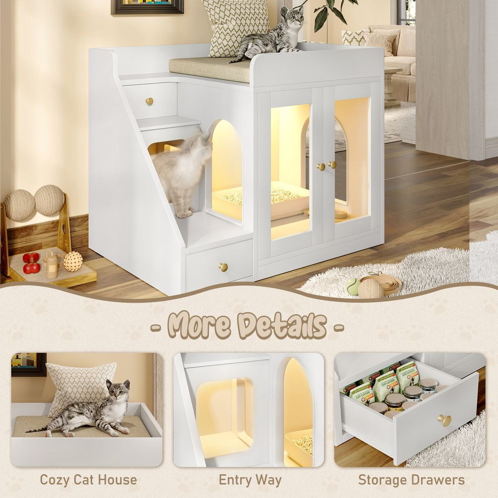 LUMAMIN Cat Litter Box Enclosure with Light, Hidden Litter Box Enclosure Furniture with 2 Drawers, Indoor Cat House Washroom End Table for Cats, White