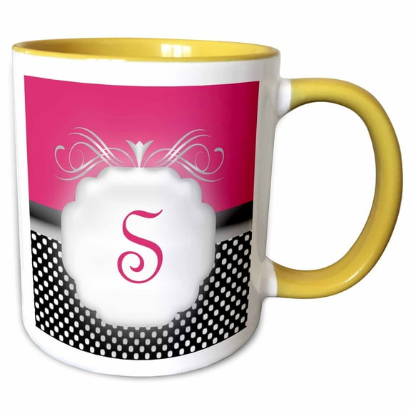 3drose, Elegant Pink with Black and White Polka Dot Monogram Letter S, 11oz Two-tone Yellow Mug