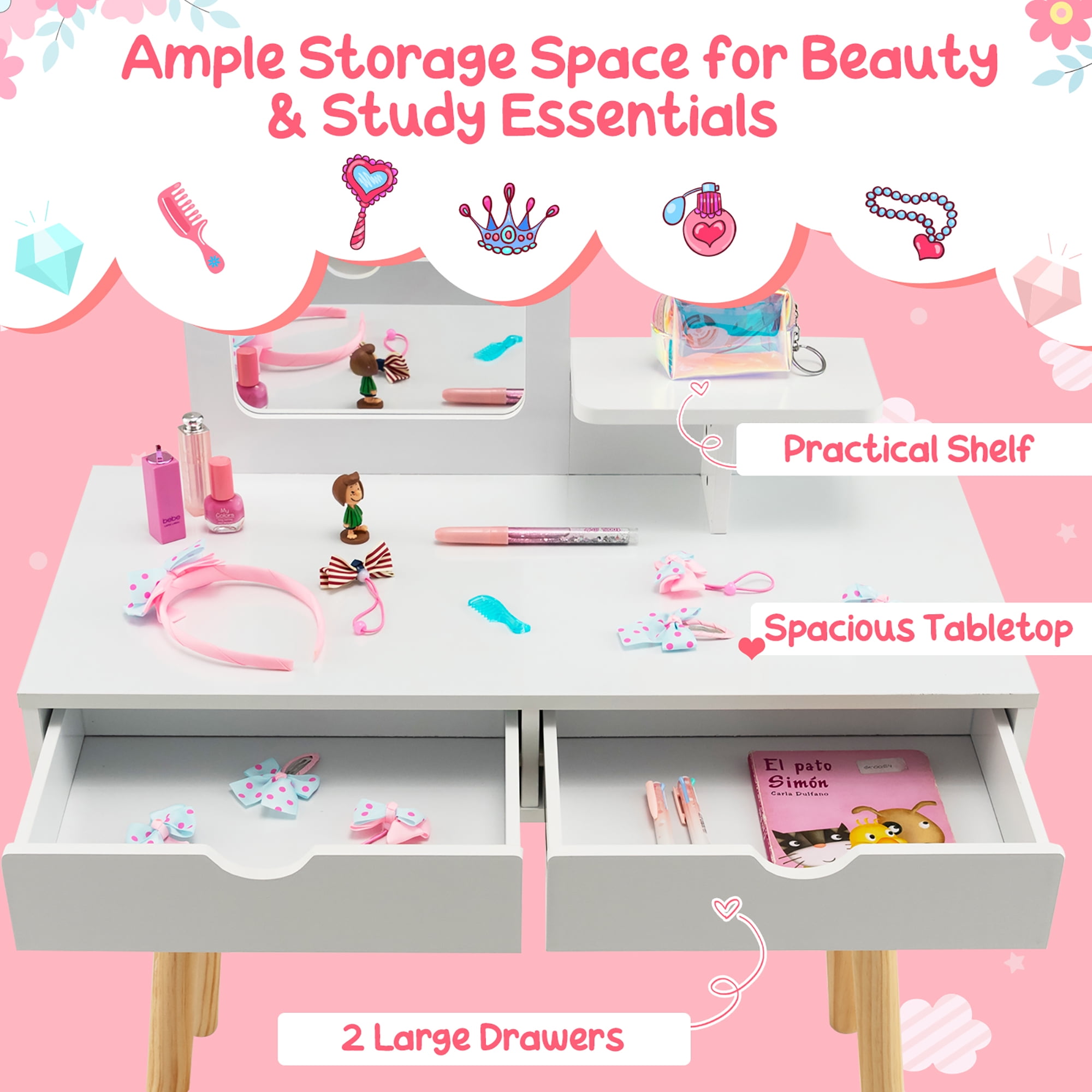 Costway Kid Vanity Table Chair Set with Mirror Large Storage Drawers Wooden Legs White
