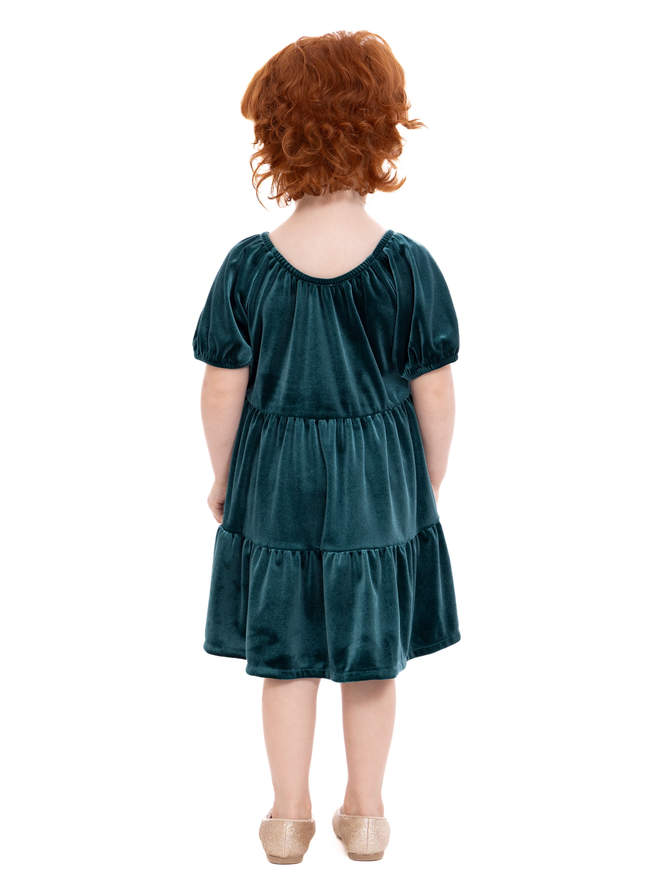 Wonder Nation Toddler Girls Tiered Velvet Dress with Puff Sleeves, Sizes 12M-5T