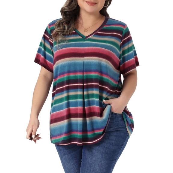 DARING DIVA Women's Plus V Neck Short Sleeve Multi Color Striped Blouse 1X Rainbow